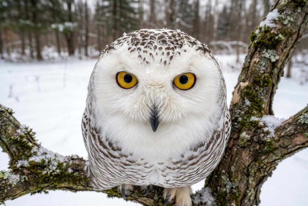 snowy owl, owl, animal, wildlife, nature, raptor, white, eyes, beak, beautiful, perched, closeup, tree, forest, plumage, winter, ornithology, eye contact, pose, birdwatching-10355886.jpg